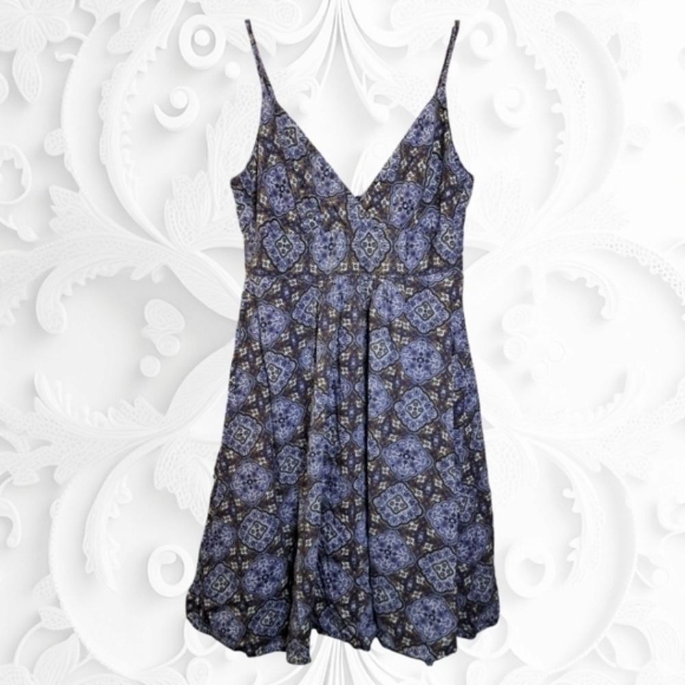 Purple/Black Patterned V-Neck Spaghetti Strap Boho-Skater Sun Mini Dress Size 8
